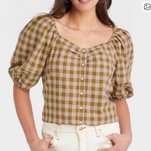 Universal Thread Checkered Puff Sleeve Blouse - Olive and Lavender